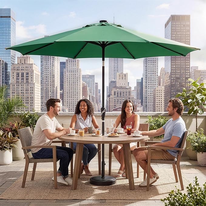 Garvee 10FT Patio Umbrella with 32 Solar LED Lights, Outdoor Table Market Umbrella with Tilt and Crank, 8 Sturdy Iron Ribs Sun Shade for Garden, Deck, Backyard and Pool, Dark Green