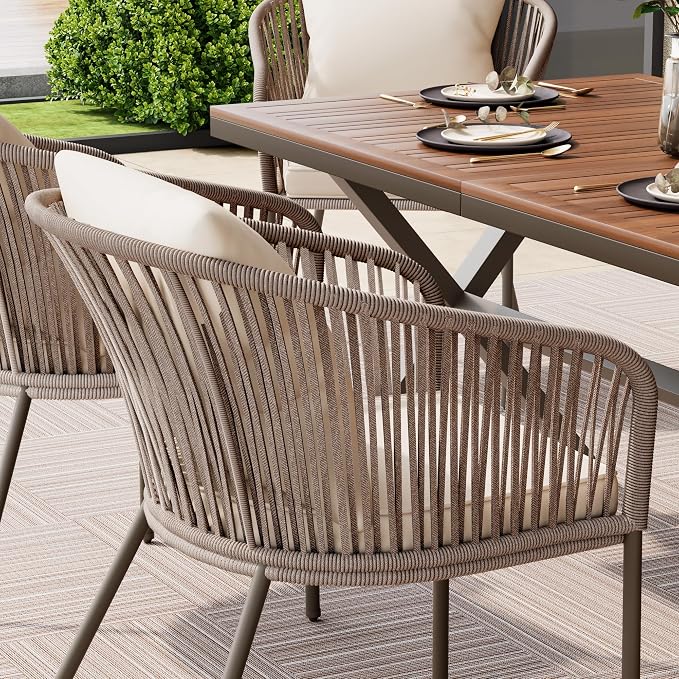 7 Pieces Patio Dining Set, All-Weather Outdoor Furniture Set with Dining Table and Chairs, Acacia Wood Tabletop, Metal Frame, for for Garden, Backyard, Balcony, Beige