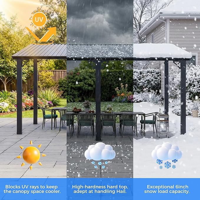 AirWire 10'x14' Lean to Gazebo, Hardtop Pergola with Metal Roof, Wall Mounted Heavy Duty Canopy Awning for Backyard, Deck and More
