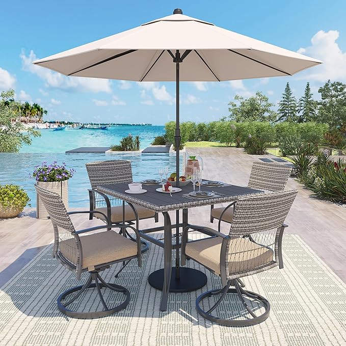 Pamapic 5-Piece Outdoor Dining Set with Swivel Chairs, Rattan Patio Furniture for Backyard, Deck, Garden, Weather-Resistant Iron Slats Table & 4 Chairs with Removable Cushions (Taupe)