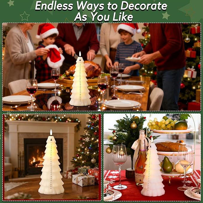 Christmas Tree Candles with Remote, Real Wax Christmas Countdown Candle, Countdown to Christmas Battery Operated Candles, Xmas Flameless Advent Candle for Table Decor