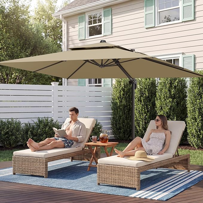 10x13 FT Patio Umbrella with Base, Large Cantilever Rectangular Double Top Heavy Duty Offset Umbrellas with 360° Rotation, Outdoor shade for Garden Deck Pool Patio, Tan
