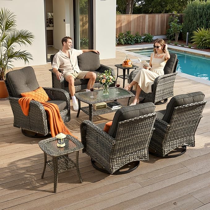 8-Piece Patio Furniture Set, Outdoor Wicker Furniture with Coffee Table, High Back Swivel Rocker Patio Chairs, Modern Rattan Outdoor Chairs Conversation Set for Porch, Balcony, Garden, Black