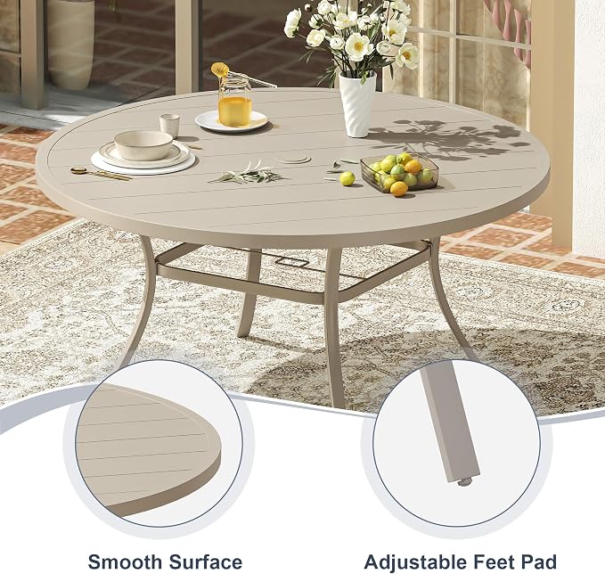VICLLAX 9 Pieces Outdoor Patio Dining Set, 60" Round Wrought Iron Metal Outdoor Table with Umbrella Hole and 8 Swivel Textilene Chairs for Lawn,Garden,Porch,Sandshell