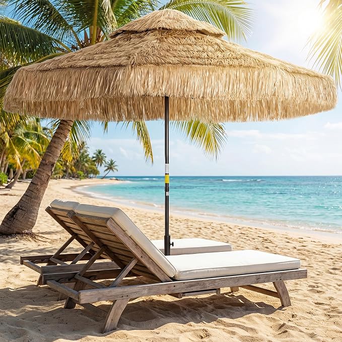 Outsunny 8.5 FT Hula Thatched Tiki Patio Umbrella, 2-Tier Tropical Hawaiian Style Outdoor Umbrella with 8 Ribs, UPF30+, for Garden, Backyard, Deck, Pool, Khaki