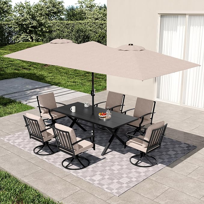 8 PCS Outdoor Patio Dining Set with 13.6ft Double-Sided Patio Umbrella,Patio Table and Chairs Metal Outdoor Patio Furniture Set,Dining Table Set with 6 Swivel Chairs,Brown