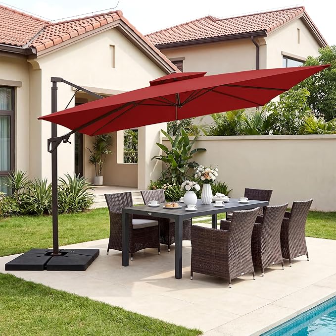 JEAREY 10ft 2-Tier Cantilever Patio Umbrella, Large Square Outdoor Offset Umbrella with Double Top Vent and 360-degree Rotation for Garden, Deck, Pool, Patio, Red