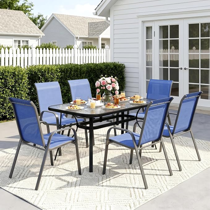 MAMIZO 7 Pieces Patio Dining Set for 6, Outdoor Table and Chairs w/Rectangle Glass Table and 6 Textilene Stackable Chairs, Patio Furniture Set w/1.69" Umbrella Hole (Black Table & Navy Blue Chair)
