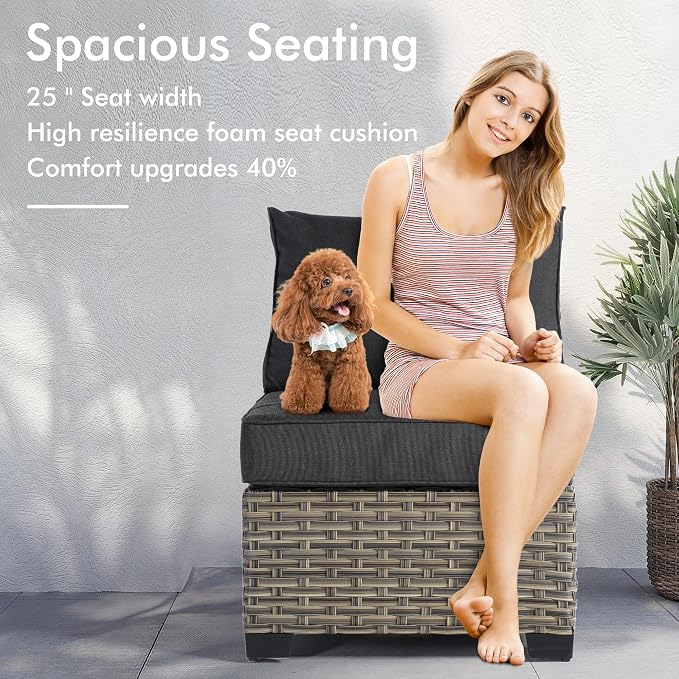9 Pcs Outdoor Sectional Patio Furniture Set with Fire Pit Table and Swivel Rocking Chairs - All Weather Wicker Modular Outside Sectional Couch,Patio Seating Outdoor Conversation Sets,Black