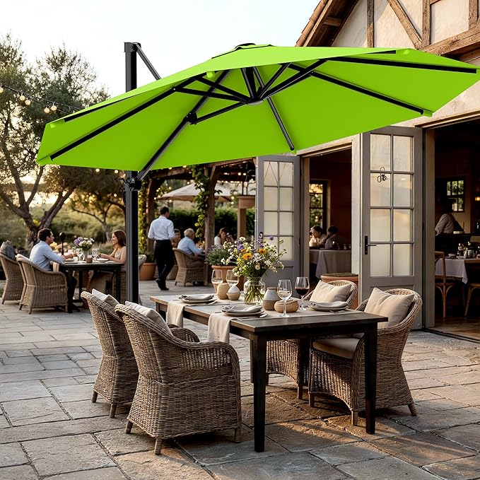 AreShark 11FT Round Cantilever Patio Umbrella with Base Included, 360° Rotation Offset Outdoor Umbrella, 5 Tilt Settings Heavy Duty Hanging Parasol for Deck Garden Pool, Apple Green
