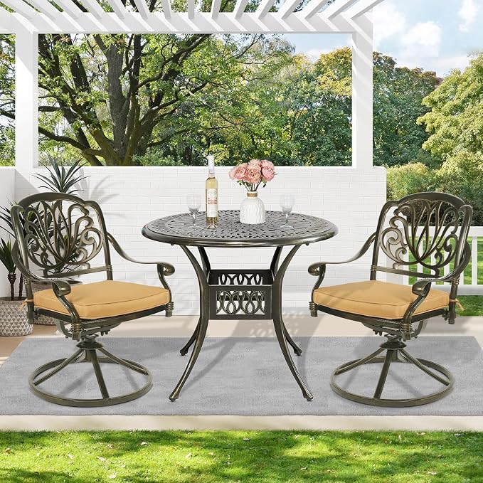 MEETWARM 3-Piece Outdoor Patio Dining Set, All-Weather Cast Aluminum Patio Conversation Set - 2 Cushions Swivel Rocker Chairs and 35.4" Round Table for Backyard Garden Deck, 2.2" Umbrella Hole