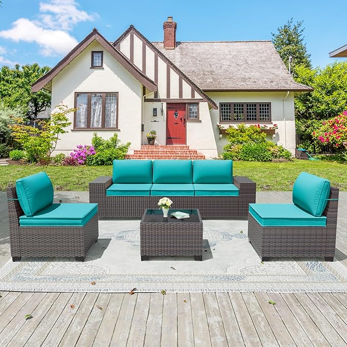 Patio Furniture Set 6 Pieces Outdoor Sectional Sofa Set,PE Rattan Wicker Patio Conversation Set with Thickened Cushions and Glass Coffee Table,Blue