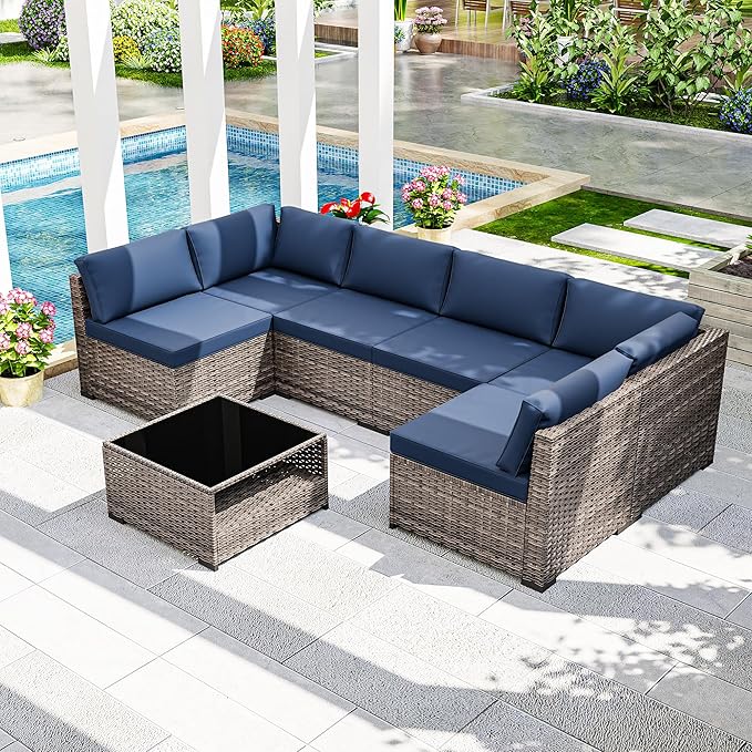 Joyside 7-Piece Patio Furniture Set, Rattan Outdoor Sectional Wicker Patio Conversation Set with Cushions and Coffee Table