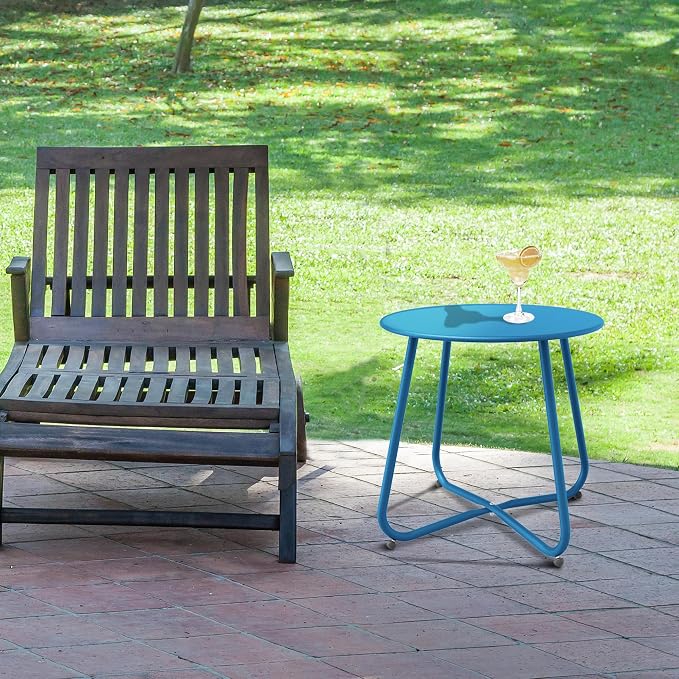 Patio Side Table, Round Metal Steel Weather Resistant Portable Patio Table, Outdoor and Indoor Patio Small Table for Garden Balcony Yard, Peacock Blue