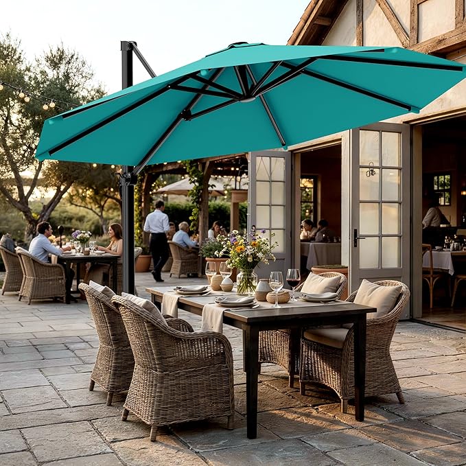 AreShark 11FT Round Cantilever Patio Umbrella with Base Included, 360° Rotation Offset Outdoor Umbrella, 5 Tilt Settings Heavy Duty Hanging Parasol for Deck Garden Pool, Peacock Blue