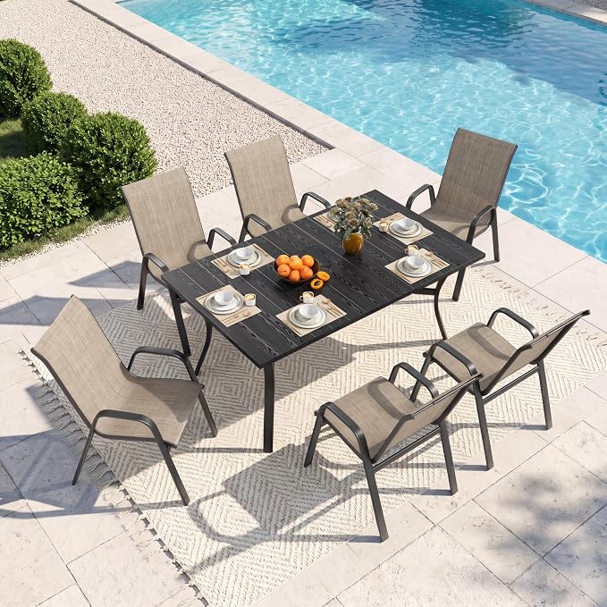 Outdoor Dining Set for 6, Patio Metal Table and Chairs Set with 1.97'' Umbrella Hole, 7pcs Patio Furniture Set 63”x37.8” Dining Table Set with Stackable Chairs for Backyard Pool Deck