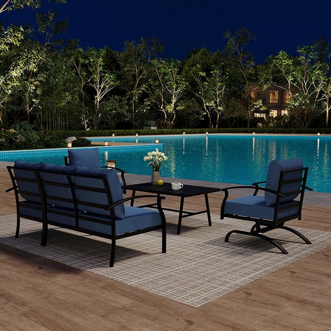 Kurapika Metal Patio Furniture Set 5-Seat Modern Metal Bistro Set Outdoor Conversation Sets, 2 Piece Patio Rocker Chairs with Thick Cushion and Coffee Table for Garden Backyard Deck Lawn, Navy Blue