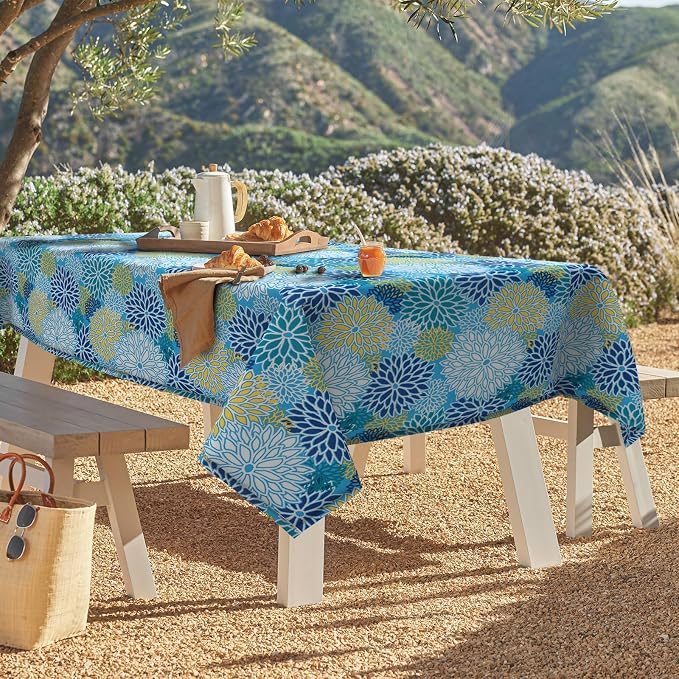DYTXIII Outdoor Rectangle Tablecloth with Umbrella Hole and Zipper 84" x 60", Water Repellent Floral Picnic Cover, Fade & Wrinkle Resistant Tablecloth for Patio/Garden/Party Table, Dahlia Blue