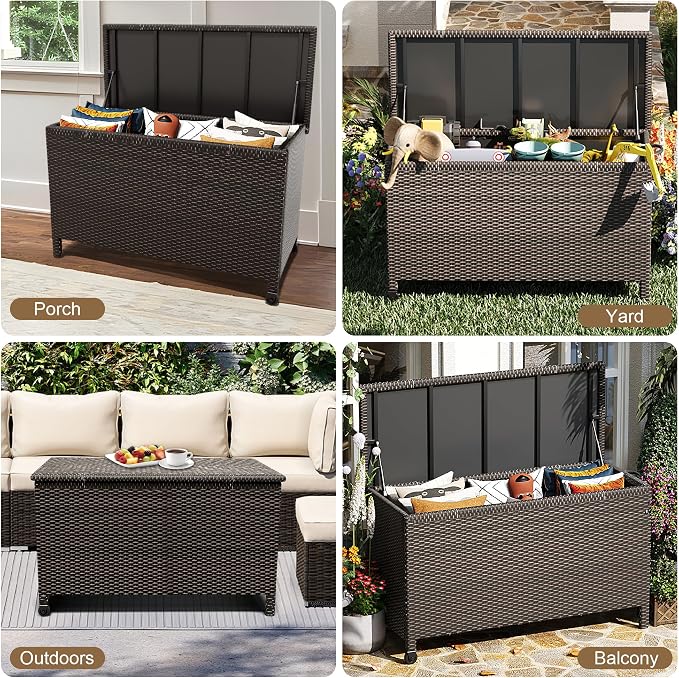 125 Gallon Outdoor Storage Box with Wheels - Large Wicker Rattan Deck Box for Patio Cushions, Garden Tools, Pool Floats & Pillows, All-Weather Patio Furniture Storage, Brown