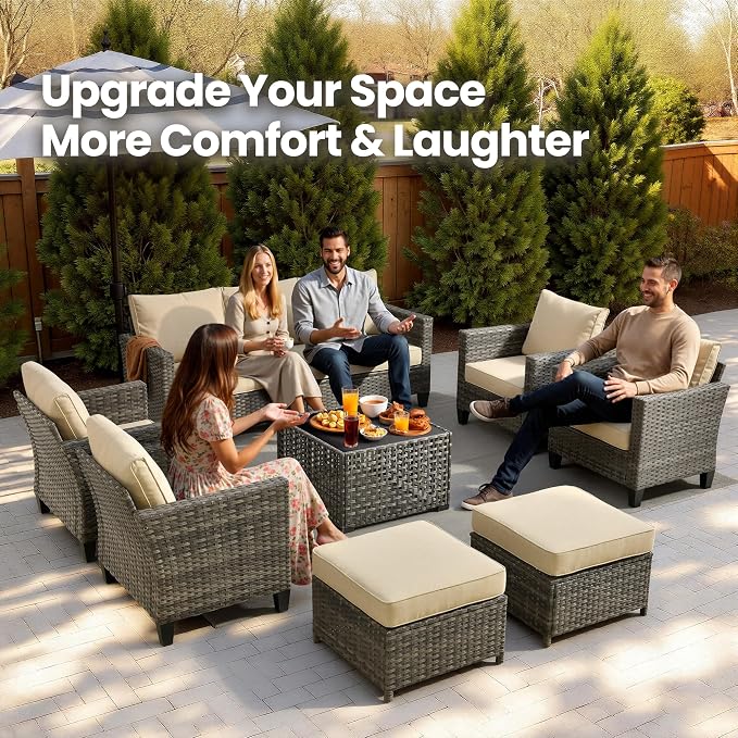 8 Piece Wicker Patio Furniture Set with Solar Table, Beige | Outdoor Deep Seating Sofa Chair Ottoman, Solar Lights Table, All Weather Rattan, Modern Conversation Set, Porch Deck Backyard