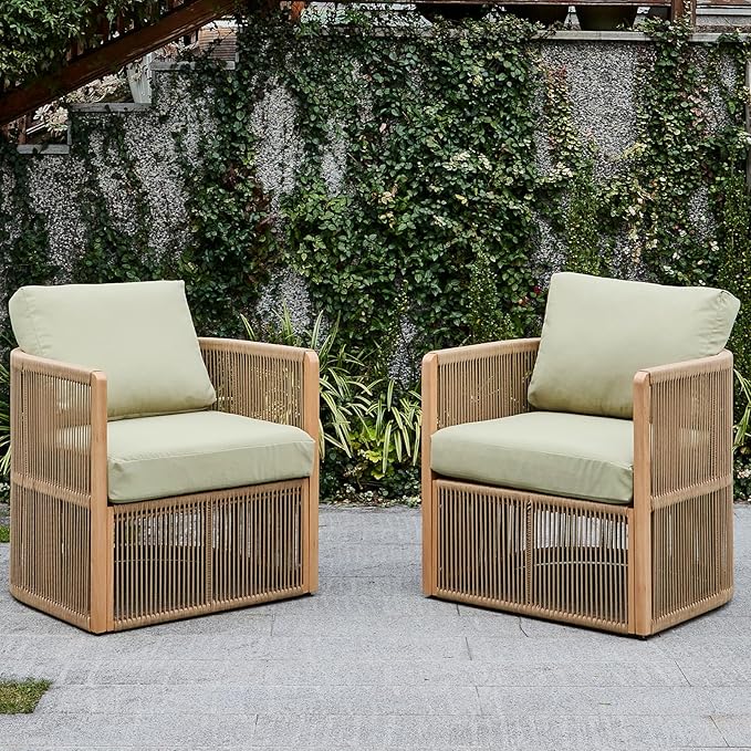 Patio Lounge Chairs Set of 2, Rope Patio Furniture Set with Cushions, Outdoor Aluminum Conversation Set, Outdoor Chair Set for Porch, Garden, Deck, Balcony, Green