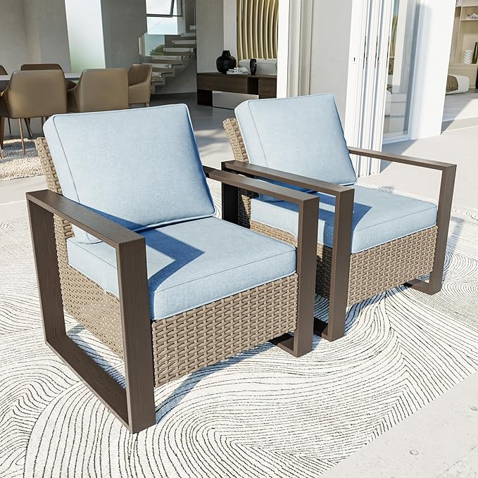 Patio Chairs Set of 2, Outdoor Wicker Chair Metal Patio Furniture with Deep Seating, Thicken Cushions for Deck, Porch, Yard Use (Azure, 2 PCS/Chairs)