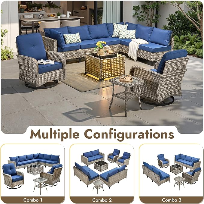 10 Pieces Outdoor Sectional Patio Furniture Set with Swivel Rocking Chairs,Wicker Conversation Sets Rattan L Shaped Couch,Modular Outdoor Sofa for Porch Balcony Backyard Navy Blue