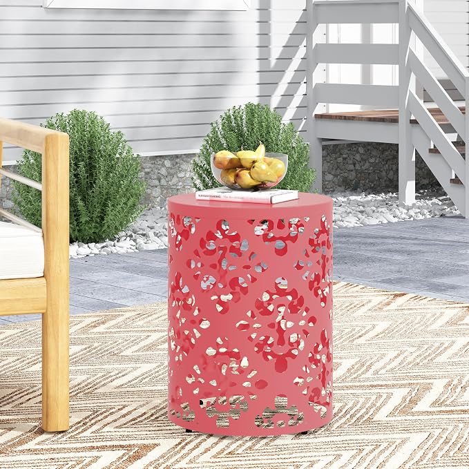 14" Cylindrical Side Table with Floral Iron Cut, Stylish End Table with Powder-Coated Iron, Practical Accent Table with No Assembly for Outdoor Patio Garden, Coral