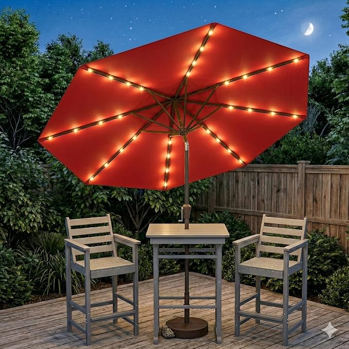 10FT Solar Lighted Patio Umbrella, Outdoor Table Market Umbrellas with Push Button Tilt and Crank, 32 LED Lights, 8 Sturdy Ribs, UV-Resistant for Deck, Garden, Pool