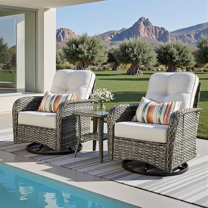 3-Piece Patio Furniture Set, Outdoor Wicker Furniture with Coffee Table, High Back Swivel Rocker Patio Chairs, Modern Rattan Outdoor Chairs Conversation Set for Porch, Balcony, Garden, Light Gray