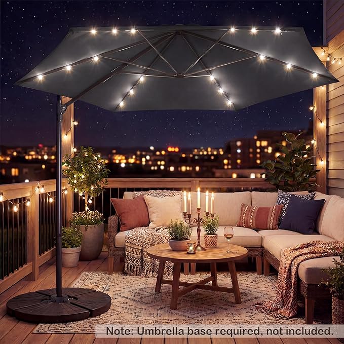 HAPPYGRILL 10 FT Patio Umbrella with Solar Lights, Outdoor Offset Cantilever Umbrella with White LED Lights, 360 Degree Rotation, Air Vent for Pool Deck Garden Backyard