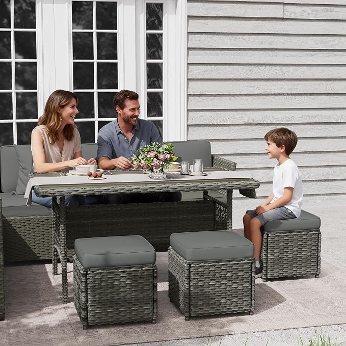 KIGOTY 7 Piece Patio Furniture Set, Outdoor PE Wicker Rattan Outdoor Dining Set, Patio Table and Chairs Set, Patio Conversation Sofa Set with Dining Table and Ottoman(Grey-Grey)