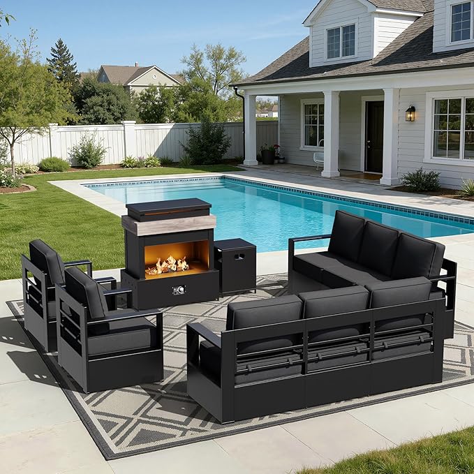 Outdoor Aluminum Furniture Set, 5-Piece Patio Conversation Set, 2 Swivel Chairs, 2 Sofa and 1 Fireplace, All-Weather Metal Frame, 6" Thick Removable Cushions, Deep Setting for Garden and Porch