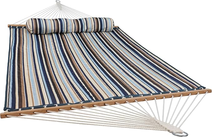 Sunnydaze Quilted Double Hammock for Outside with Spreader Bars and Pillow - 450 lb Capacity, 74x55 Inch Bed, UV Resistant, Quick Dry - Chains Included, Stand Sold Separately - Ocean Isle