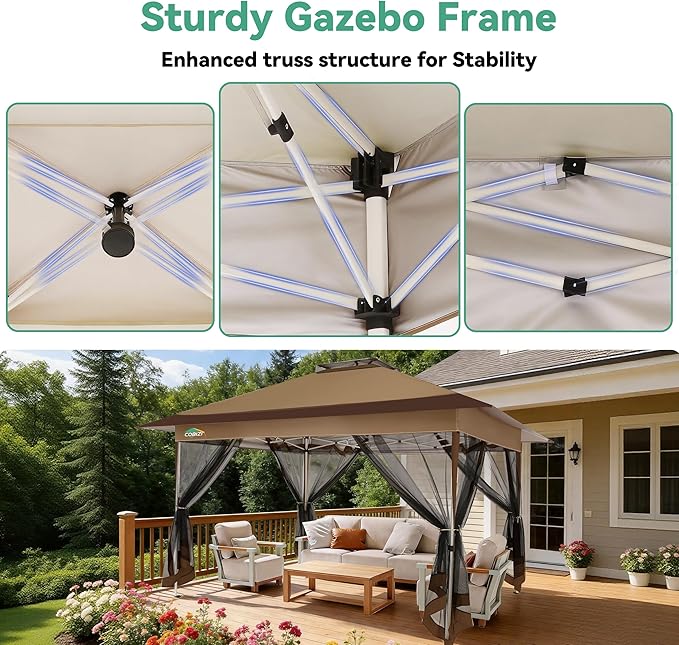 COBIZI 12x12 FT Pop up Gazebo on Clearance Canopy Tent, Carpas para Patio, Easy up Outdoor Canopy Tents with Portable Storage Bag for Backyard, Outdoor Waterproof Gazebos for Garden,Camping, Brown
