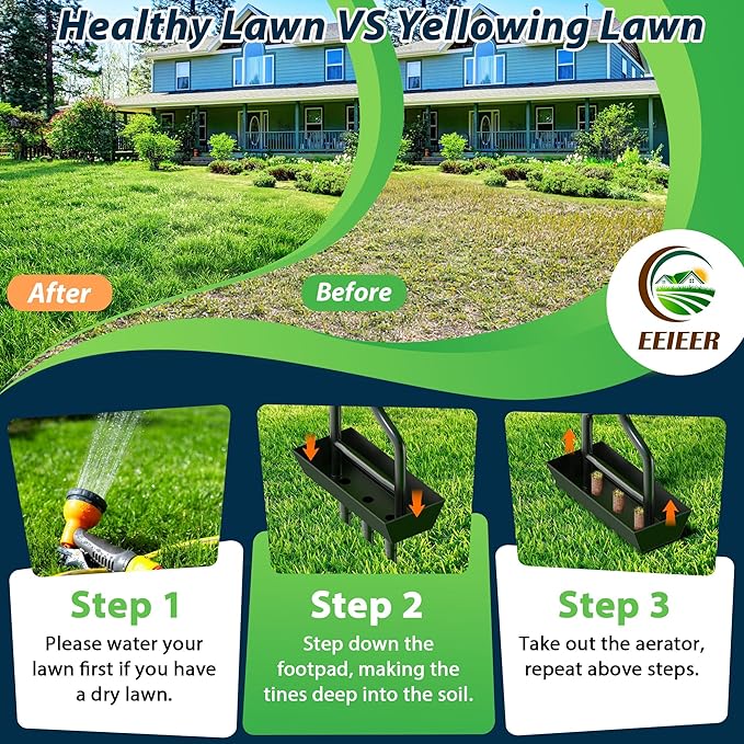 EEIEER Manual Lawn Aerator Tool with Soil Storage Basket - 2025 Upgraded Aerator Lawn Tool, 3 Tines Yard Aerators with Cleaning Tool, 38’’ Ergonomic Aeration Tools for Compacted Soil & Lawn Care