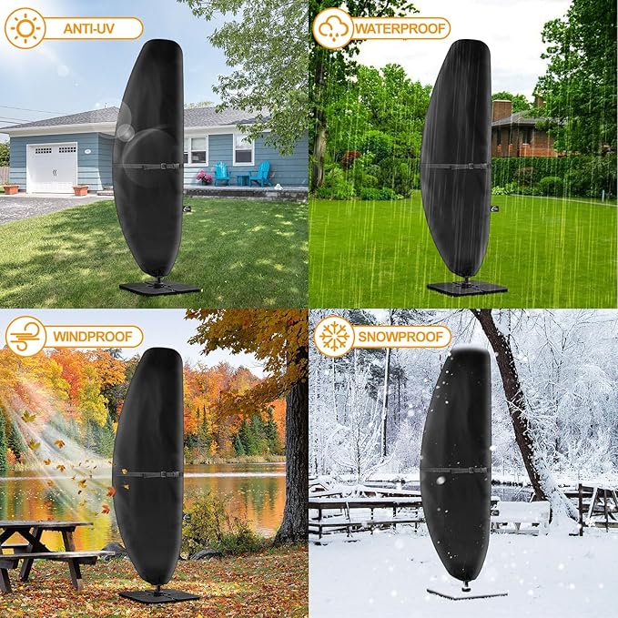 Kipiea Patio Umbrella Cover for 7'-11.5' Offset Umbrella, Upgraded 600D Heavy Duty Outdoor Umbrella Covers with Support Pole and Zipper