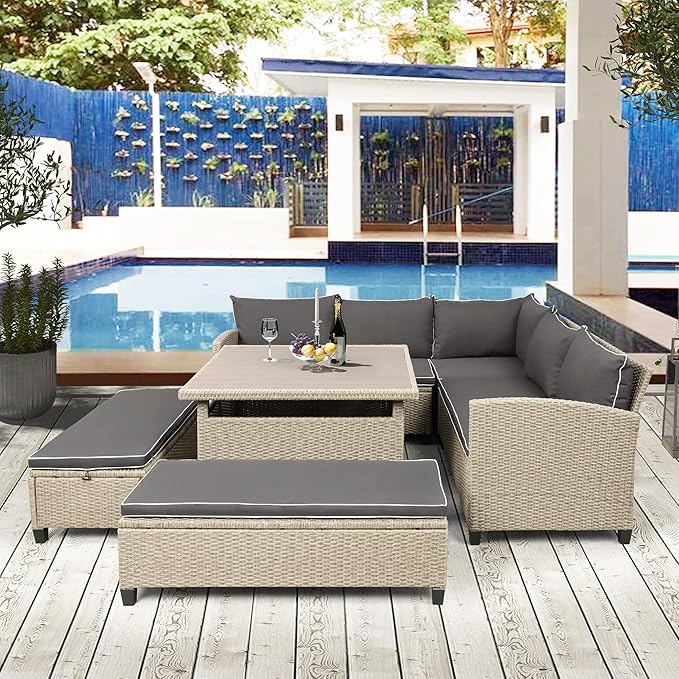 LUMISOL 6 Pieces Outdoor Patio Furniture Set, PE Rattan Wicker Sofa Set, Outdoor Sectional Sofa Set, Wicker Patio Conversation Set with Table and Benches for Lawn, Garden, Backyard (Brown)
