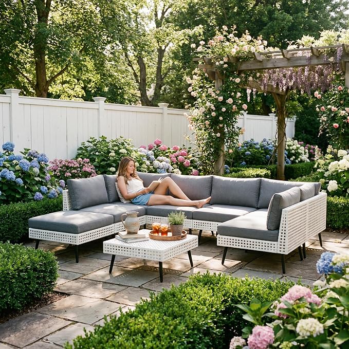 Vikiullf Patio Sectional Sofa Set, White Wicker Outdoor Furniture with 4" High-Density Cushions, Deep Seating Conversation Set with Coffee Table (8-Pieces)