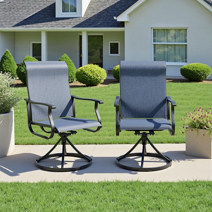 Crownland Outdoor Swivel Dining Chair Set of 2, All Weather 360° Swivel Rocking High Back Model Patio Dining Chairs, Textilene Fabric Wrought Iron Chair Set for Backyard, Lawn, Garden(Blue)