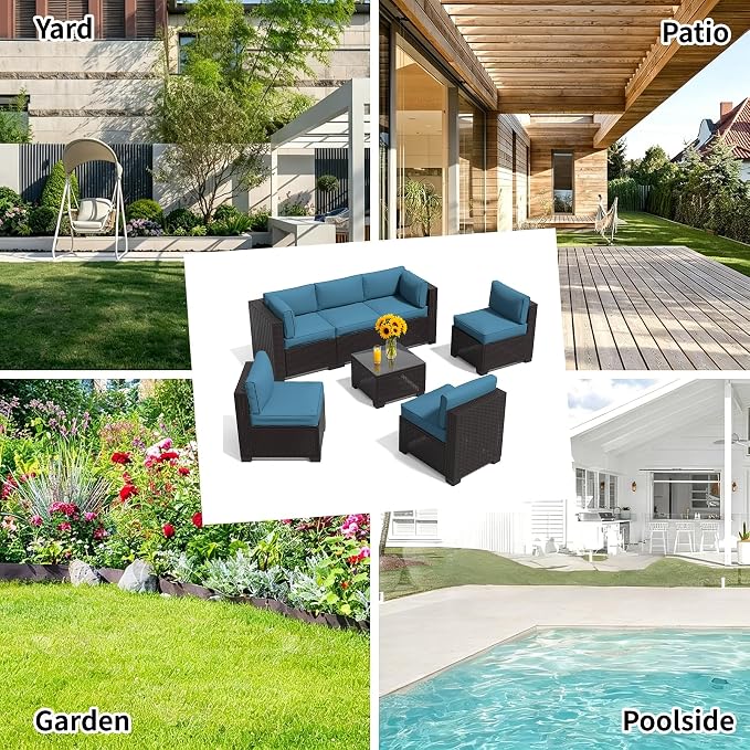 7 Pieces Outdoor Patio Furniture Set, Wicker Modular Sectional Sofa, All Weather Conversation Sets with Glass Table for Yard, Garden, Poolside, Dark Brown Rattan & Peacock Blue Cushions