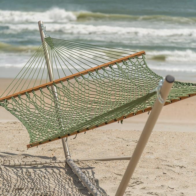 Hatteras Hammocks Large Meadow DuraCord Rope Hammock – 13 ft. x 55 in., 2-Person, 450 lb Capacity, Cumaru Spreader Bar, Zinc-Plated Hardware – Handcrafted in The USA