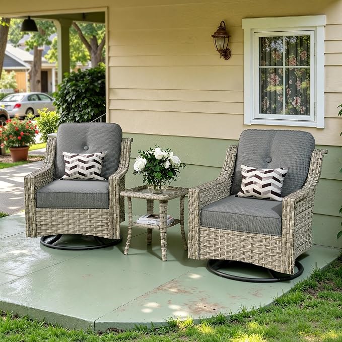 3 Piece Patio Furniture Set, Outdoor High Back Swivel Rocker Chairs Set of 2 with Side Table, All Weather Wicker Glider Chair with Thick Cushions for Backyard Balcony Porch, Dark Gray