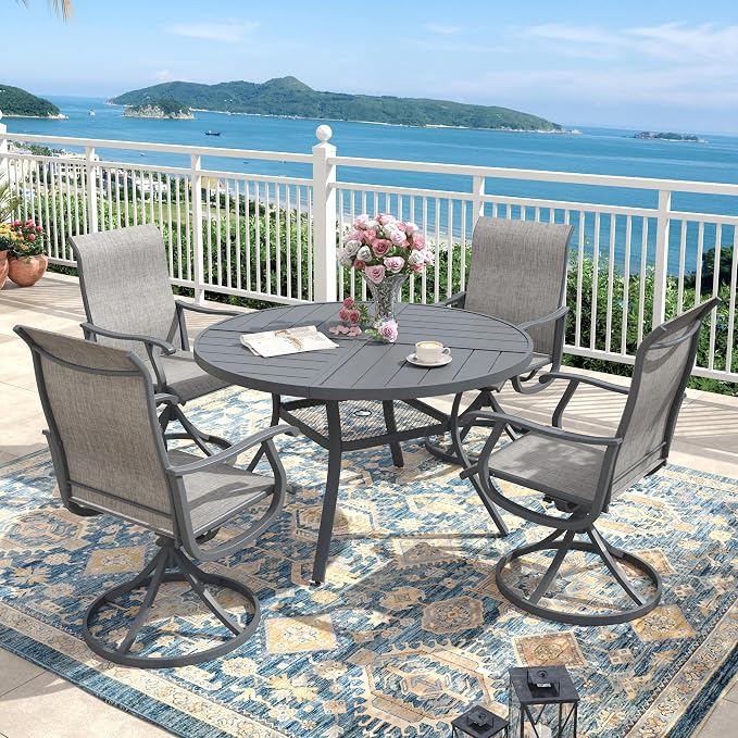40.6" Outdoor Dining Table with Adjustable Umbrella Hole, Metal Slatted Round Patio Dining Table for Backyard Garden Deck, Dark Grey