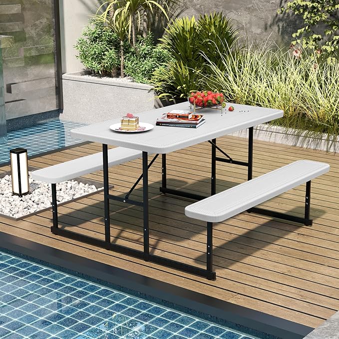 LDAILY Picnic Tables with Benches, Rectangular Dining Table Set for Outside 4 People, HDPE Tabletop, Metal Frame, Umbrella Hole, Heavy Duty Picnic Table for Outdoors, Patio, Lawn, Commercial (White)
