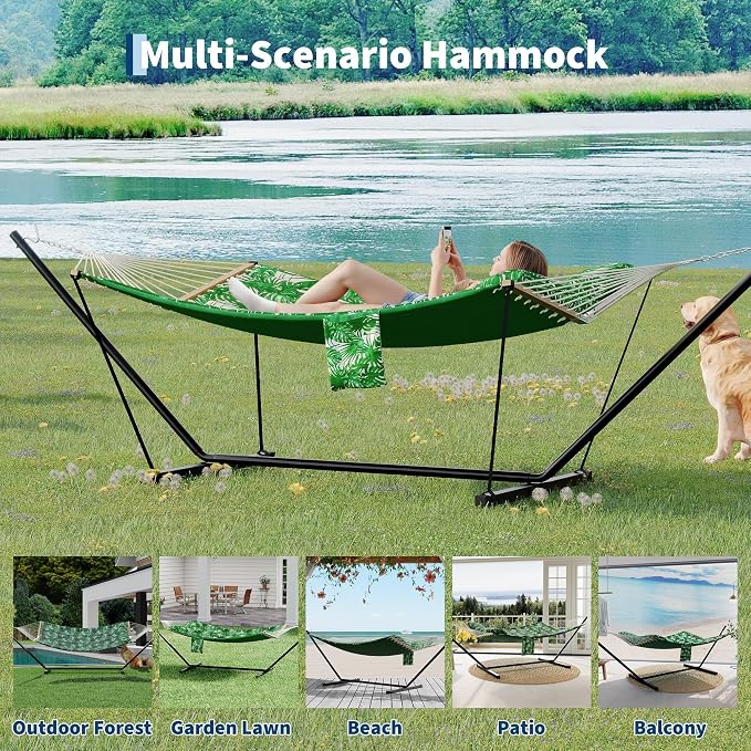 2 Person Outdoor Hammock with Stand, 450LBS Capacity, Heavy Duty Hammock with Carrying Bag & Soft Pillow, Portable Indoor Outdoor Hammock, Perfect for Backyard Patio Beach