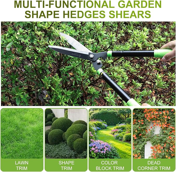 Hedge Shears, Heavy Duty 23-30 Inch Telescoping with Sharp Carbon Steel Blade, Ergonomic 20° Angled Head, Rust-Proof Hedge Trimmer for Shrubs, No Ladder Needed