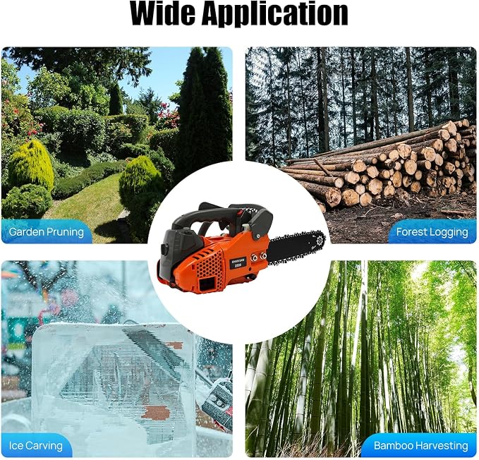 12 Inch Gas Chainsaw 25.4cc 2-Stroke Handheld Cordless Chain Saw Gas Powered 900W Portable Top Handle Chainsaw with Quick Start for Tree Wood Cutting, Sack Sawing, Green Pruning