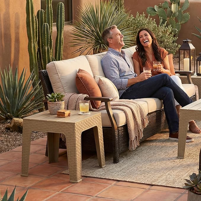 Sunnydaze Adirondack Small Outdoor Side Table for Balcony Essentials - Plastic Square End Table for Outside Patio - Beige