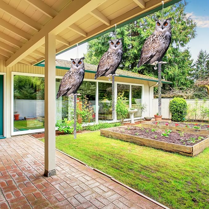 4PCS Hanging Flat Fake Owl to Keep Pigeon Away from Balcony Garden Owls with Reflective Tape Plastic Owl to Scare Woodpecker Squirrel for Tree Outdoor House Outsider Yard Window Patio Porch